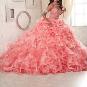 NEW HOUSE OF WU ruffled crop top quinceanera dress in coral/pink